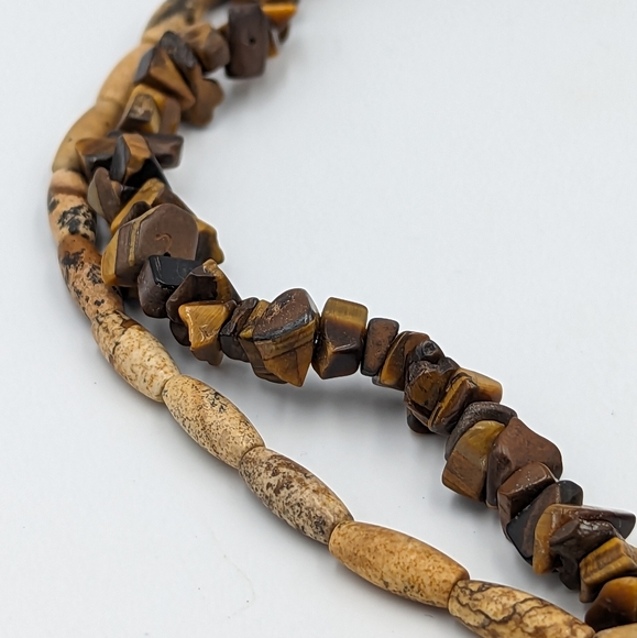 Amber Cross Sterling Silver On Tiger's Eye Chips & Jasper Bead Necklace Vintage - Picture 10 of 15